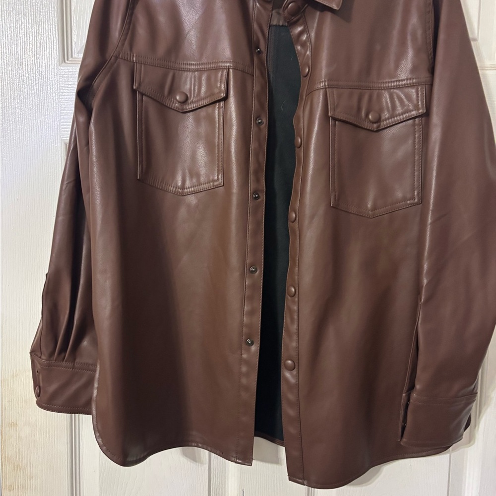 Zenana Outfitters Brown Faux Leather Button-Up Jacket